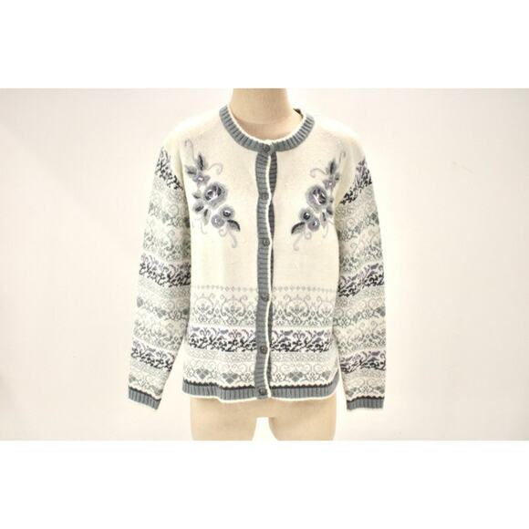 Koret Petites Cardigan Sweater Women's Medium Nordic Design Embroidered Floral - Picture 1 of 10